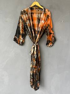 Bata Kimono de Algodón con Estampado de Bloques y Cuello en V para Mujer, Bata Larga Bohemia Hecha a Mano en India, Bata de Algodón con Estampado de Bloques - Product Image 2
