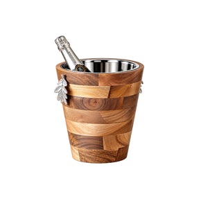 Cubo de Hielo de Madera con Asas Metálicas en Forma de Hoja, Enfriador de Vino de Doble Pared de Acero Inoxidable, Enfriador de Champán para Hotel o Bar - Product Image 1