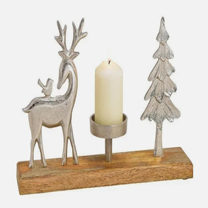 Portavelas decorativo navideño con renos y árbol sobre base de madera de mango - Product Image 1