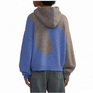 Crop Hoodie <b>Zip</b>-Up Blue And Gray Casual Knitted Sweatshirt Autumn Wear 100% Cotton - Product Image 5