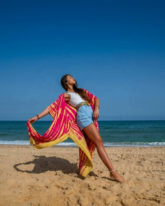Handmade Tie-Dye Eco-Friendly Women's Long Kimono Boho Floral Cover-<b>Up</b> Half Sleeves Casual <b>Open</b>-Front Clothing Natural Waistline - Product Image 2