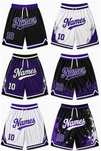 Custom Basketball <b>Shorts</b> Black Purple Striped Sublimation Print Number 10 Men's Plus Size Elastic Waist Casual Sportswear - Product Image 4