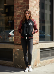 Chaqueta Varsity Premium con Logotipo SQS - Lana Negra con Brazos de Cuero Rojo - Product Image 2