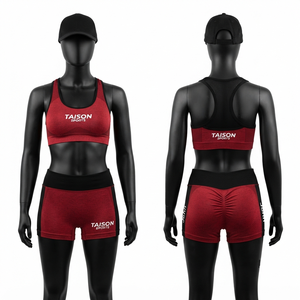 Ensemble soutien-gorge et short en coton 100% premium 250 GSM, avec bretelles en Y, encolure montante, empiècements en maille rouge et noire, et logo personnalisé par transfert thermique - Product Image 1