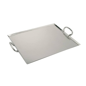 Modern Silver Rectangle Stainless Steel Serving Tray Hammered Decorative <b>Platter</b> with Side Handles for Kitchen Dining Diwali - Product Image 1