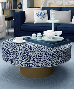 Blue & <b>White</b> Floral Inlay <b>Extendable</b> Coffee <b>Table</b> Gold-Tone Pedestal Base | Modern Luxury Handcrafted Living Room Center <b>Table</b> - Product Image 3