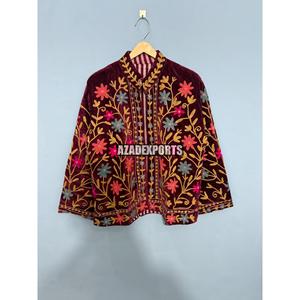 Hand Embroidered Quilted <b>Velvet</b> Mandarin Collar Jacket Full Sleeve Floral Pattern <b>Women's</b> Autumn Winter Wear Elegant Style - Product Image 5
