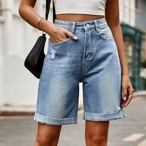 Shorts de mezclilla de cintura alta para mujer, personalizados OEM, de pierna ancha, rasgados, elásticos, a la moda, estilo Y2K, de verano, con bolsillos - Product Image 4