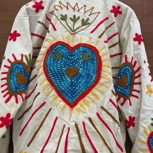 Premium Ivory <b>Velvet</b> Floral Embroidered Suzani <b>Jacket</b> with Heart Print Full Sleeve Stand Collar Handmade Bohemian Autumn Coat - Product Image 6