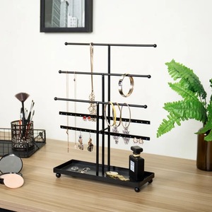 <b>Black</b> Metal Jewelry Organizer Stand with Multiple Bars for Necklaces Earrings Bracelets and Rings Display Rack - Product Image 1