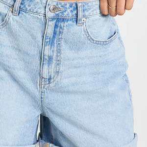 Shorts de mezclilla azul claro de cintura alta para mujer, de pierna recta, casuales de verano, de algodón lavado a la piedra, de corte regular con dobladillo con vuelta - Product Image 2