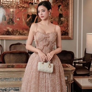 Luxury Chiffon Corset <b>Long</b> Dress Applique Bow Detail <b>Spaghetti</b> Strap Sweetheart Neckline Ball Gown Silhouette Empire Spring - Product Image 1