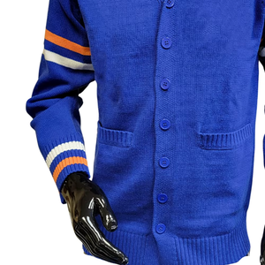 เสื้อคาร์ดิแกนถักไหมพรมสีน้ำเงินคุณภาพสูงสำหรับผู้ชาย คอวี แขนยาว ติดกระดุมเม็ดเดียว ตกแต่งแบบแพทช์เวิร์ค สั่งทำได้ - Product Image 4