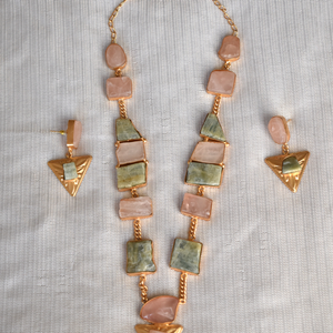 Natural Rose Quartz Long <b>Statement</b> Brass Stone <b>Necklace</b> with Earrings Set for Women-Gift for Her - Product Image 6