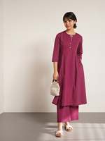 Robe midi à col Henley imprimée à pois magenta, manches trois quarts, coupe ample, tissu en coton et bambou, vêtements décontractés pour toutes les saisons