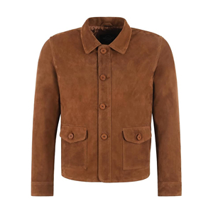 <b>Men</b>’s Genuine Goat Suede Leather <b>Jacket</b> Tan Button Front <b>Utility</b> Workwear <b>Jacket</b> Classic Collar Box Pocket Casual Coat Wholesale - Product Image 1