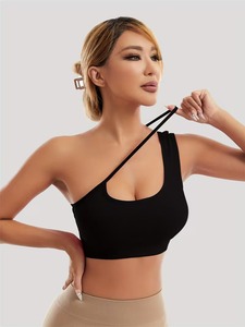 Women One Shoulder Sports Bra Asymmetric Diagonal Strap Ribbed Yoga Crop Top Cutout Fitness Gym Tank Removable <b>Padding</b> - Product Image 6