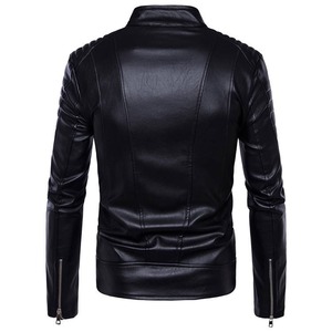 Veste de moto slim fit en cuir PU noir pour homme, col à fermeture éclair intégrale, manches classiques, style automne - Product Image 6