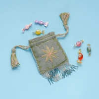 KOTAK DOMPET KAIN LINEN BUATAN TANGAN DENGAN HIASAN BUNGA, TALI SERUT, BORDRAN, Rumbai, MANIK-MANIK, UNTUK UANG KEMBALI/PERMEN, BERGAYA SENI INDIA YANG EKZOTIS
