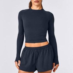 Seamless Crop Top Shirt Women <b>Thumb</b> Hole <b>Cuff</b> Compression High Collar Design Custom Blank Logo Athletic Sportswear Yoga Top - Product Image 6