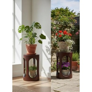 Base de Pedestal de Madera de Teca, Diseño Geométrico en Nogal Oscuro, Venta al por Mayor en India - Product Image 3