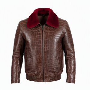 <b>Men's</b> Embossed PU Leather <b>Bomber</b> <b>Jacket</b> With Faux Fur Collar Zipper Closure Moto Biker Style Winter Coat - Product Image 6