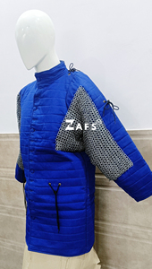 Blue Quilted <b>Jacket</b> With Chainmail Sleeves Stand Collar <b>Long</b> Thick Padded <b>Men's</b> Medieval Gambeson Full Sleeve Coat Padded Armor - Product Image 5