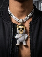 Pendentif Tête d'Ours 3D Givré RCK Global en Moissanite VVS, Argent S925 Plaqué Or, Bijou de Luxe Hip-hop pour Usage Quotidien