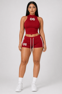 Women <b>Red</b> Sport Set Sleeveless <b>Crop</b> <b>Top</b> Shorts Custom Activewear Two Piece Gym Outfit OEM Supplier - Product Image 2