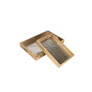 Plateau de service en bois design martelé ensemble de 2 plateaux en bois naturel design attrayant en nickel pour la décoration de la maison et de l'hôtel - Product Image 2