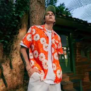 Custom Summer Hawaiian <b>Shirt</b> Orange Allover Printed Digital Printing Cuba Collar Short Sleeve <b>Shirt</b> - Product Image 1