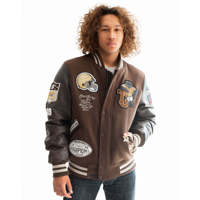 Veste Bomber Vintage Personnalisée en Gros pour Hommes, Marron, Style Varsity Letterman, Manches en Cuir Véritable, Patchwork en Tissu Éponge