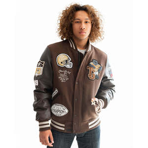 Veste Bomber Vintage Personnalisée en Gros pour Hommes, Marron, Style Varsity Letterman, Manches en Cuir Véritable, Patchwork en Tissu Éponge - Product Image 1