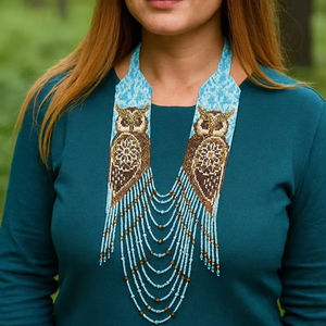 Stunning <b>Beaded</b> Owl Necklace Ukrainian Gerdan Beadwork Handmade <b>Loom</b> <b>Beaded</b> Boho Tribal Statement Necklace <b>for</b> gift Anniversary - Product Image 1