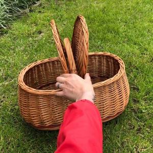 Oval Woven <b>Wicker</b> Picnic <b>Basket</b> No <b>Lining</b> Handcrafted Rattan Fruit Food Storage Hamper with Fixed High Handle Double Lids Cases - Product Image 2