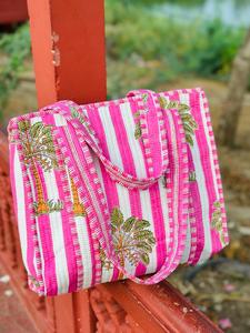 กระเป๋าโท้ทผู้หญิงลายดอกไม้สีชมพู กระเป๋าช้อปปิ้งแบบใช้ซ้ำได้ ความจุขนาดใหญ่ กระเป๋าผ้าทำมือสะพายไหล่ OEM - Product Image 2
