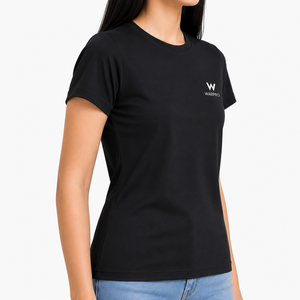Camiseta de Cuello Redondo de Algodón Ajustada Negra para Mujer Warpro con Logotipo, Informal, de Manga Corta, Tejido Jersey Transpirable, para Todas las Temporadas - Product Image 4