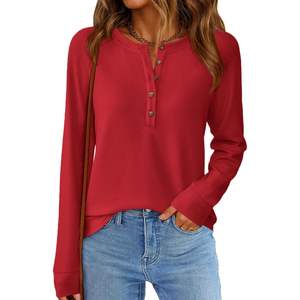 Custom 2025 Fall Winter <b>Women's</b> Basic Tees Long Sleeve Waffle Knit Casual Button V Neck Loose <b>Henley</b> <b>Tops</b> - Product Image 4