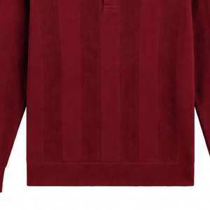 Burgundy <b>Mens</b> <b>Long</b> <b>Sleeve</b> Knitted <b>Polo</b> <b>Shirt</b> Textured Stripe Pattern Ribbed Collar Cuffs Smart Casual Pullover Fashion Top - Product Image 5