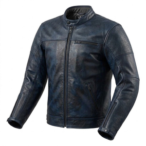 Veste en cuir bleu foncé vintage pour homme, veste de motard, coupe ajustée, veste en similicuir, vêtement de mode streetwear - Product Image 6