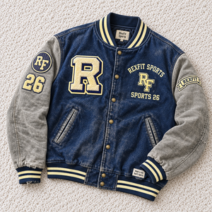 Blouson universitaire unisexe avec monogramme, appliqué en chenille en relief, effet délavé, manches contrastantes, logo personnalisé, style baseball - Product Image 2