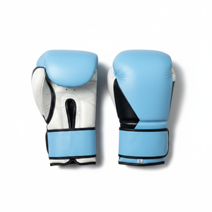 นวมชกมวยหนังแท้สีฟ้าอ่อนและสีขาว ขนาด 14 ออนซ์ แบบผูกเชือก ระบายอากาศได้ดี-อุปกรณ์สำหรับการฝึกซ้อมและการต่อสู้ระดับมืออาชีพ - Product Image 1