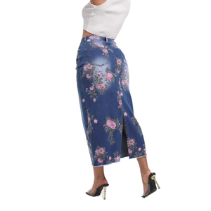 Falda Larga Vaquera Azul Vintage Casual para Mujer con Estampado en la Cadera, Ajuste Ceñido, Abertura Trasera, Ideal para Otoño/Invierno/Verano - Product Image 1