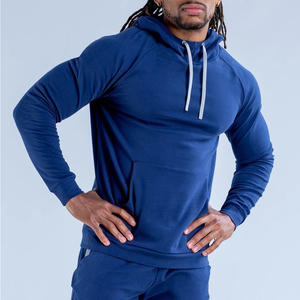 Sweat à capuche personnalisé avec logo, grande taille, vente en gros, pour hommes, en molleton extensible bleu uni, mélange de coton, pour la gym et l'entraînement - Product Image 1