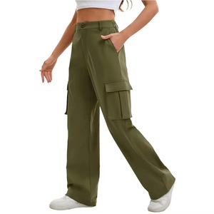 Pantalon cargo taille haute pour femme, vert olive, coupe ample, longueur intégrale, taille élastique, pantalon utilitaire décontracté avec poches - Product Image 5