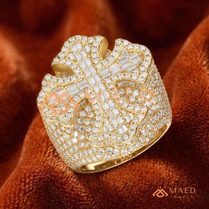 14K,18k Yellow Gold Men's <b>Iced</b> Out Cross <b>Ring</b> | VVS Moissanite Baguette & Round Pave Signet <b>Ring</b> | Hip Hop Statement Jewellery - Product Image 2
