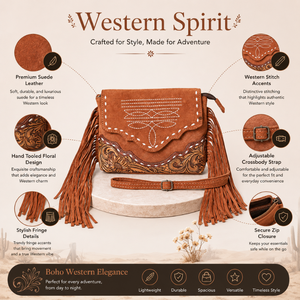 Sac à bandoulière en cuir suédé artisanal à franges pour femme, sac à main floral western, pour le quotidien, les voyages, le bureau, décontracté, mode - Product Image 5