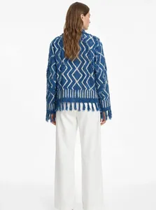 Chaqueta de Algodón Transpirable con Diseño Geométrico Azul para Mujer, Estilo Otoñal, con Flecos, Cuello Camisero, Manga Larga, Estilo Vacacional - Product Image 2