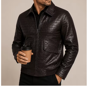 TRIBON SPORTS Men's Black Cow Skin <b>Leather</b> Bomber <b>Jacket</b> Stand Collar Breathable Zipper Closure Slim Fit Embossed Regular Sleeve - Product Image 1