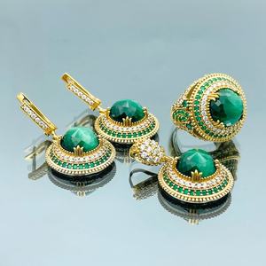 Malachite Ring And Earrings Set 925 Sterling Silver 14K Gold Plated Turkish Handmade Green Gemstone Jewelry Gift For Women - Product Image 1